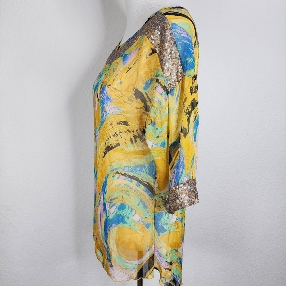 NEW YELLOW URBAN MANGOZ SIZE S, SEQUINS MULTICOLOR BLOUSE FALL SHEER AQUA - Picture 12 of 17